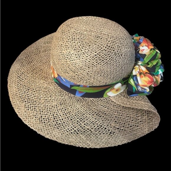 Raffia Sun Hat with Floral Sash Straw Beach Hat - Picture 1 of 7